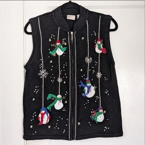 Vintage Y2K ERIKA Snowman Christmas Sweater Vest Zip Front Black M Ramie Cotton